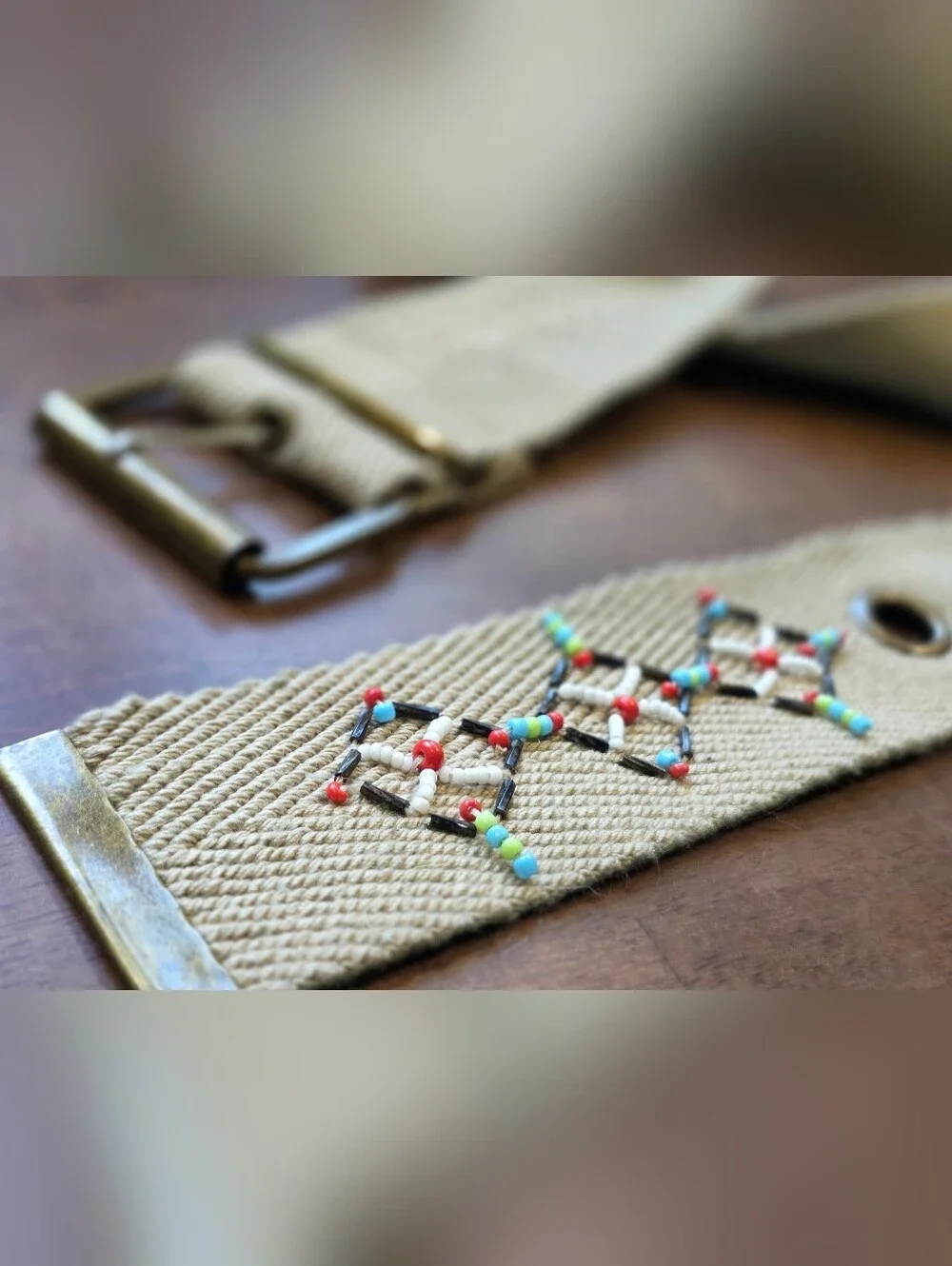 Embroidered Ivory Woven Belt with Brass Hardware Size 13